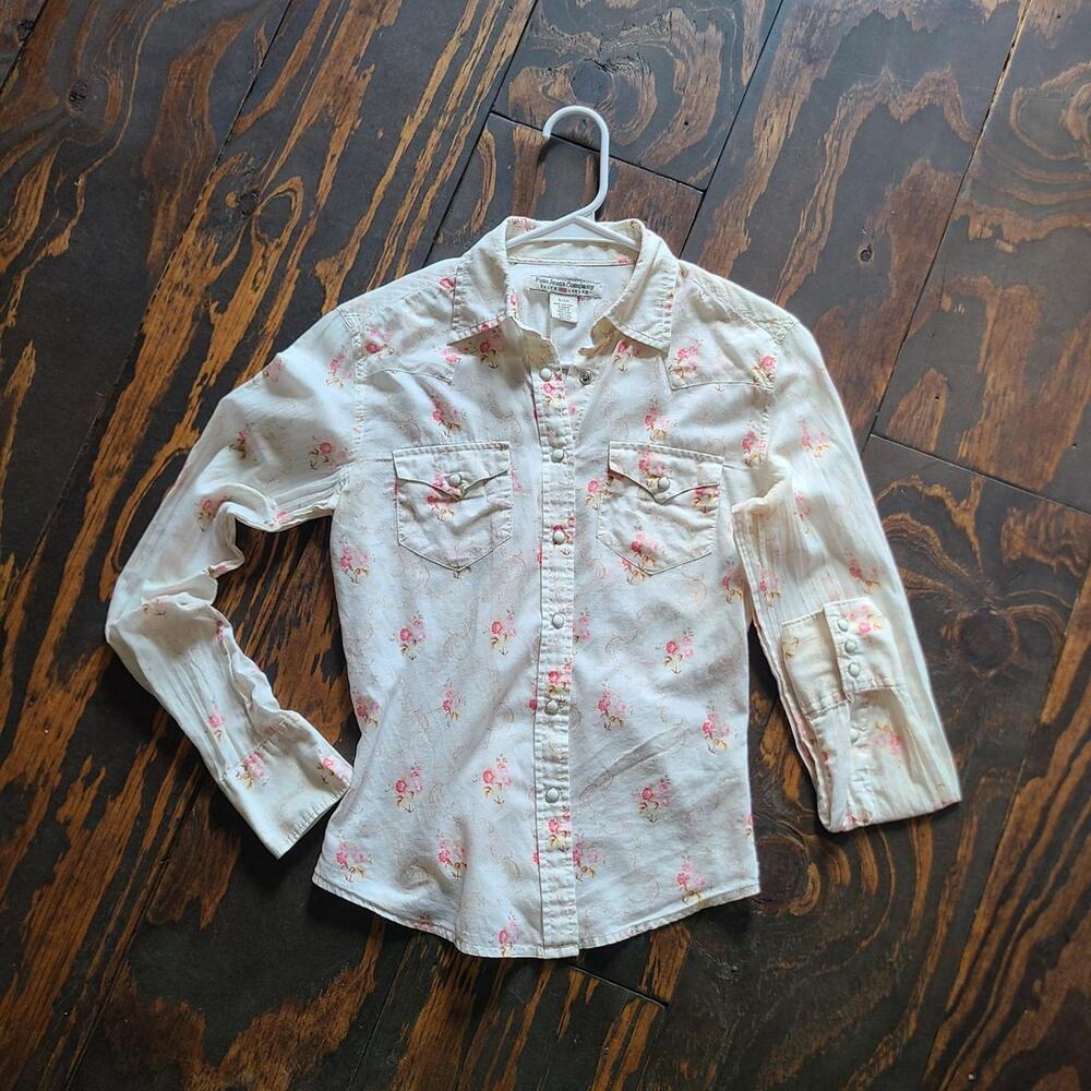 VTG Polo Jeans Co Ralph Lauren Western Shirt Small Pink Floral Pearl Snap Y2K - Picture 2 of 8